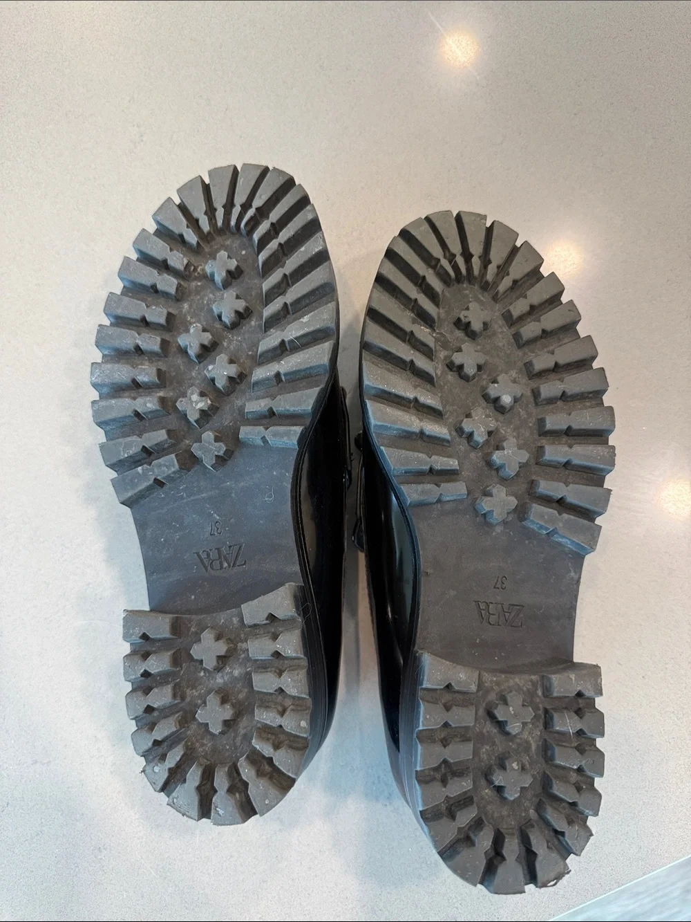 Zara Black Patent Loafers with Silver Chain Detail